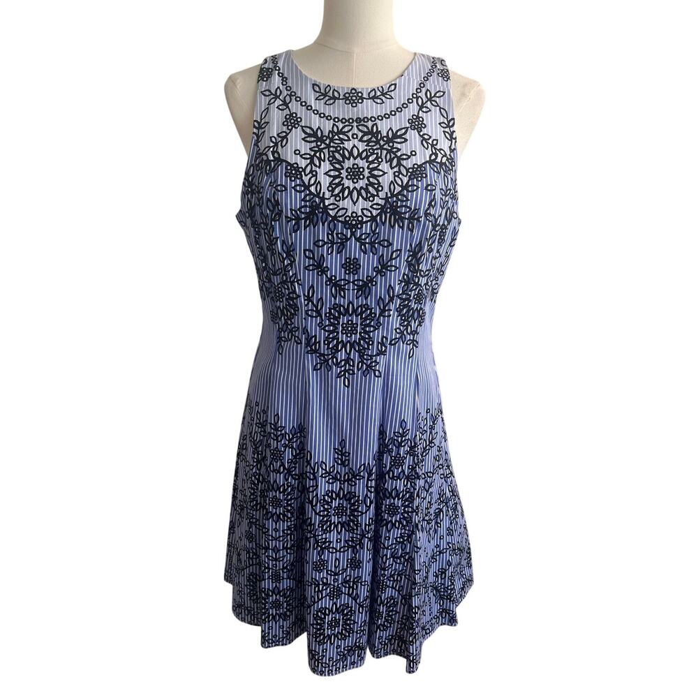 Maggy London Blue & White Striped Floral Dress – Sleeveless – Size 12
